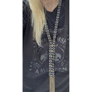 Woven Tribal Beaded Black White & Gold Seed Bead Necklace Brass Detail Dangles